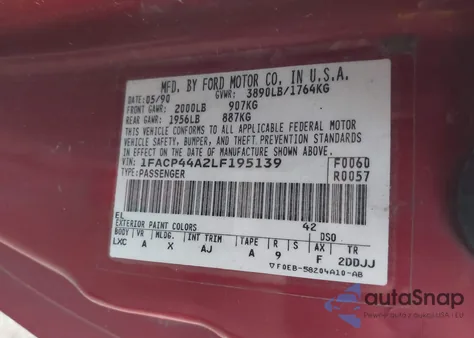 1990 Ford Mustang Lx z USA, uszkodzony, nr VIN 1FACP44A2LF195139